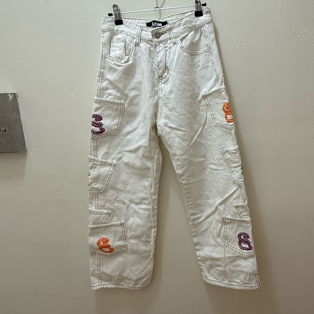 Y2K White Cargo Pants with Colorful Patches